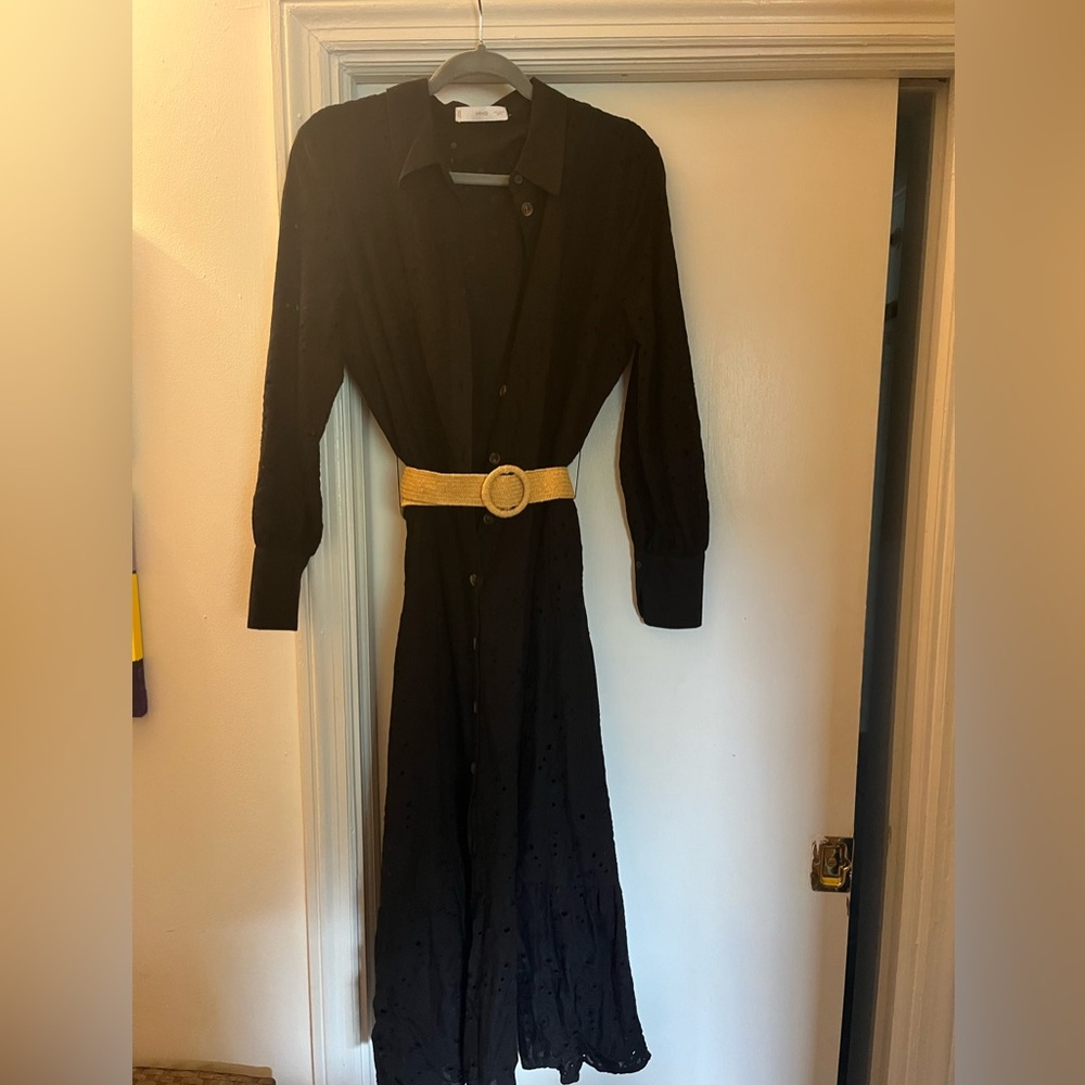 Mango sz 8 midi fall black dress eyelet lace w/ belt